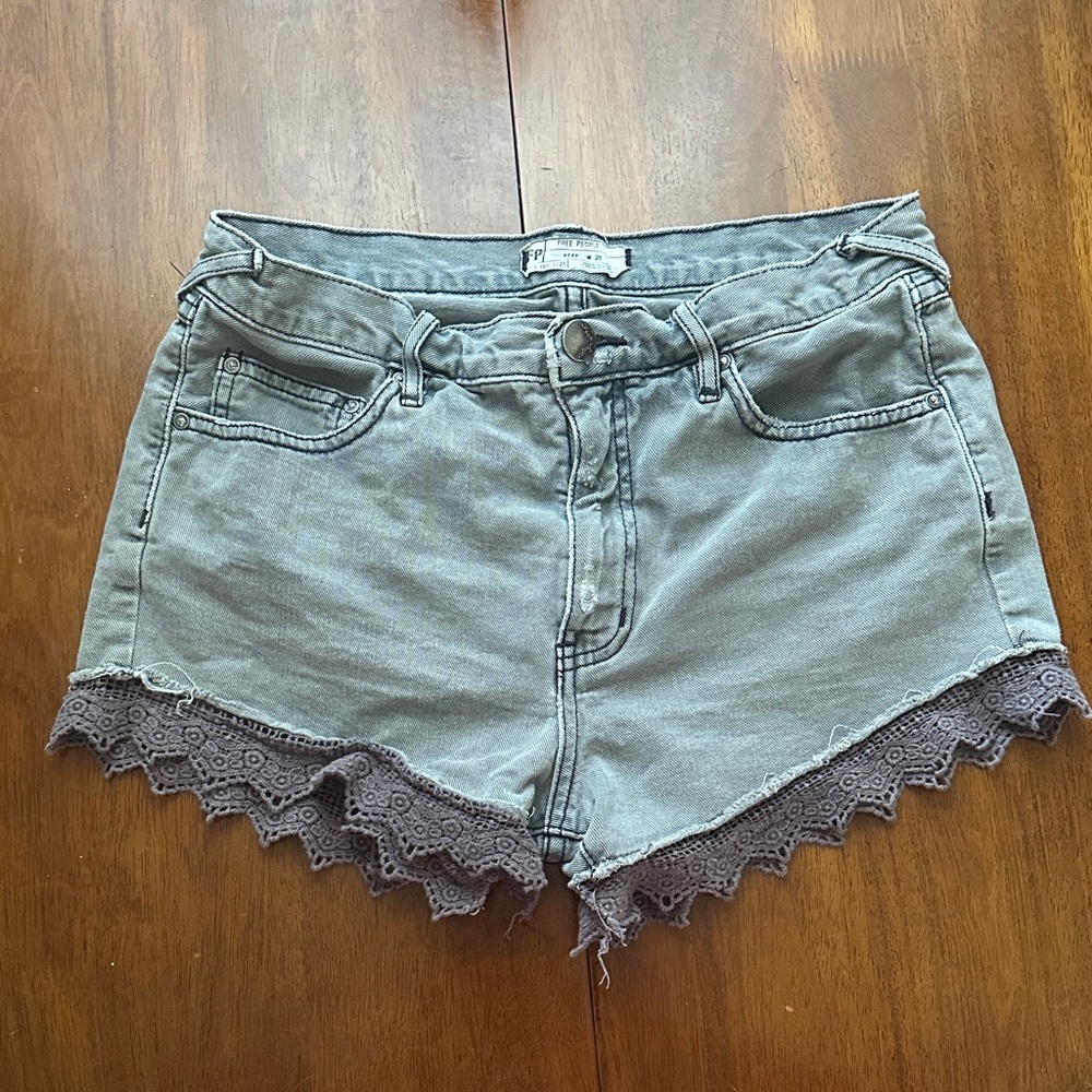 Free People Gray Jean Shorts with Lace Trim